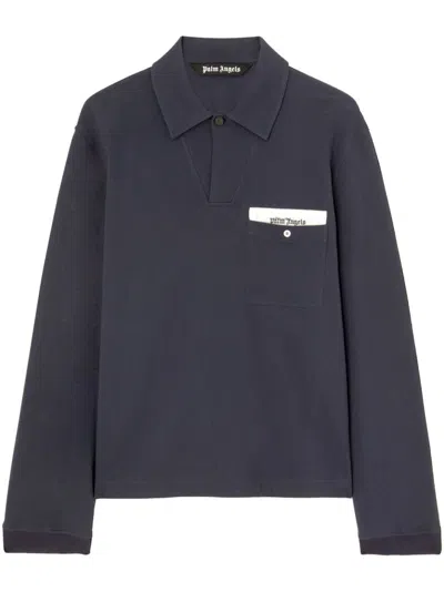 Palm Angels Sartorial Tape Long-sleeved Polo Shirt In Navy Blue