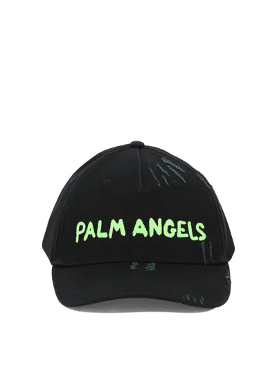 Palm Angels Seasonal Logo Cotton Baseball Cap In Black,green Fluo