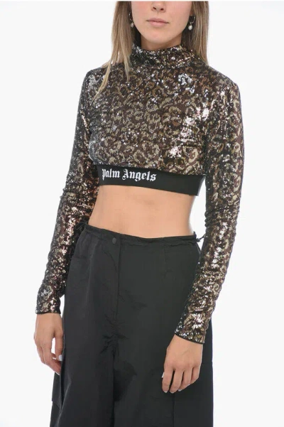 Palm Angels Logo-strap Sequin Cropped Top In Brown Black