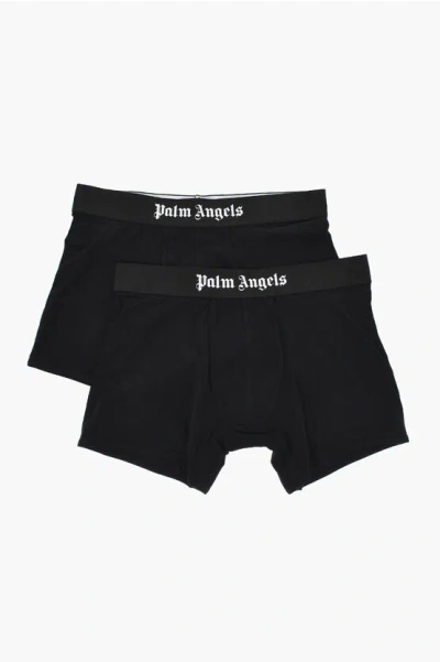 Palm Angels Set Of 2 Solid-color Boxer Briefs With Branded Waistband In Black