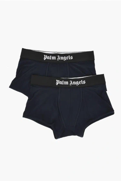 Palm Angels Set Of 2 Stretch Cotton Boxer Briefs With Branded Elastic Wa In Blue