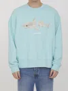 Palm Angels Relaxed Fit Long-sleeve Sweatshirt With Textured Shark Graphic In Green