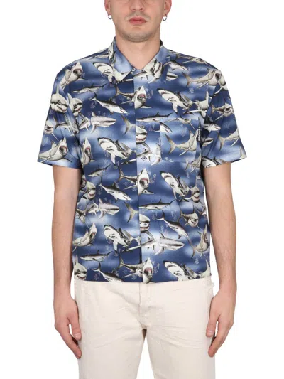 Palm Angels Sharks Bowling Shirt In Blue