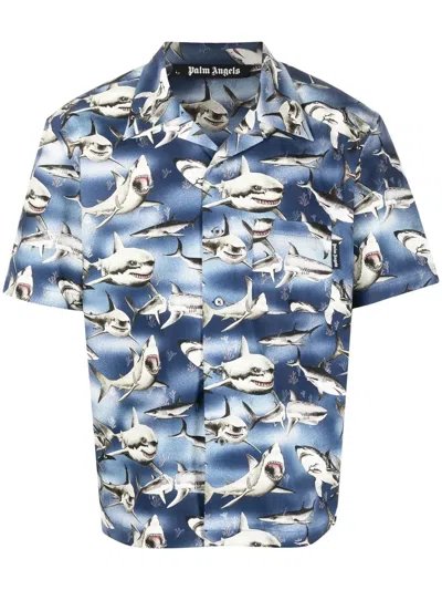 Palm Angels Sharks Bowling Shirt In Blue