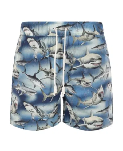 Palm Angels Sharks-print Swim Shorts In Blue