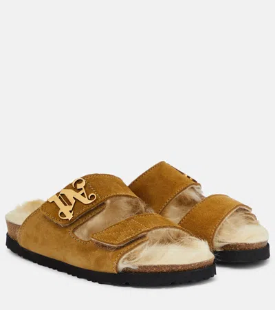 Palm Angels Shearling-lined Suede Slides In Beige