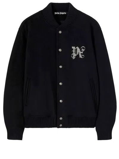 Palm Angels Shiny Black Varsity Jacket With Monogram Embellishments And White Logo Detailing