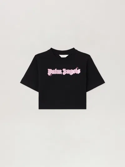 Palm Angels Kids' Shiny Studs Cropped Over T-shirt In Black
