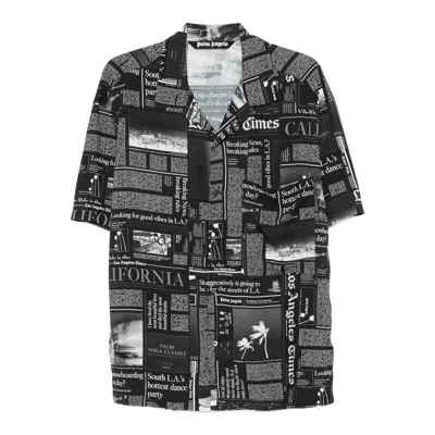 Palm Angels Newspaper Motif Short-sleeved Shirt In Black