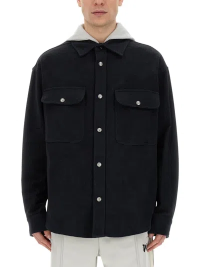 Palm Angels Hooded Overshirt With Monogram Embroidery In Black