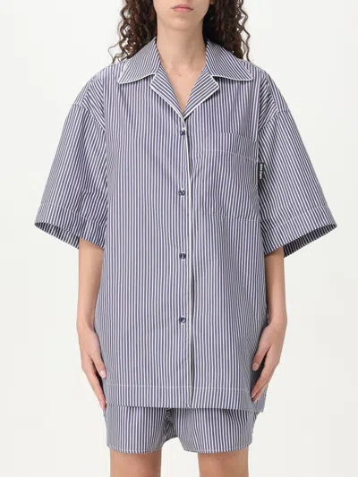 Palm Angels Navy Curved Logo Striped Shirt In Navy Blue