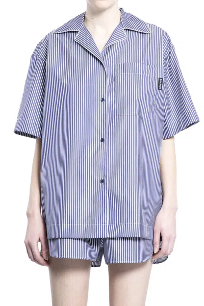 Palm Angels Navy Curved Logo Striped Shirt In Navy Blue
