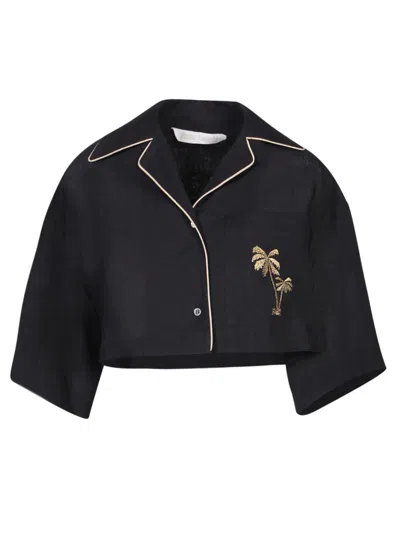Palm Angels Logo Embroidered Cropped Shirt In Navy