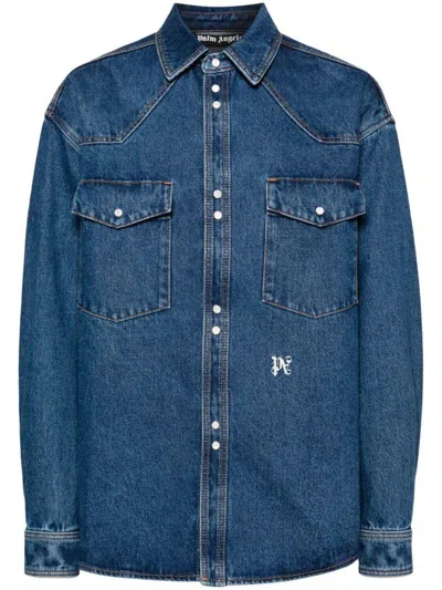 Palm Angels Monogram Chest Pockets Jacket With Contrast Stitching In Blue