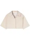 PALM ANGELS PALM ANGELS CROP SHIRT WITH BEIGE AND WHITE STRIPES WITH LOGO