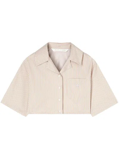 PALM ANGELS PALM ANGELS CROP SHIRT WITH BEIGE AND WHITE STRIPES WITH LOGO