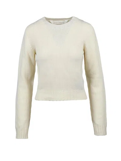 Palm Angels Short Crewneck Sweater With Gothic Text Detailing In Neutral