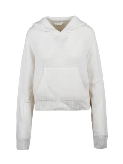 Palm Angels Short Hooded Sweater With Kangaroo Pocket And Text Detail In White