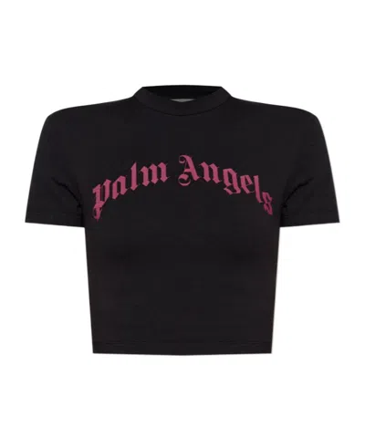 Palm Angels Cropped T-shirt With Gothic Fuchsia Print In Black