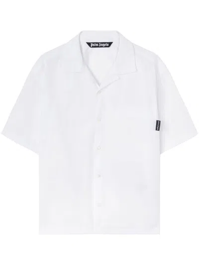 Palm Angels Short-sleeved Cotton Shirt With Cuban Collar And Logo Detail In White