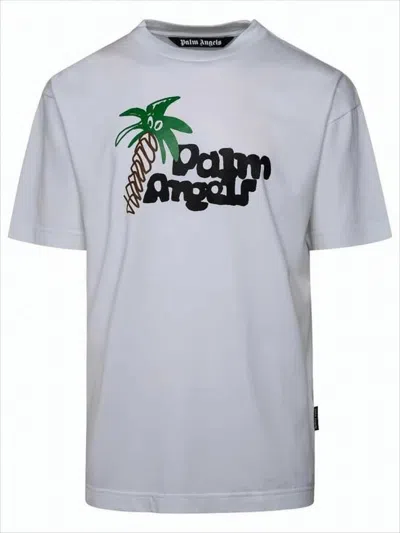 Palm Angels Short-sleeved Cotton T-shirt With Playful Graphic Design In Gray