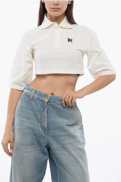 Palm Angels Short Sleeved Cropped Polo With Embroidered Logo In White