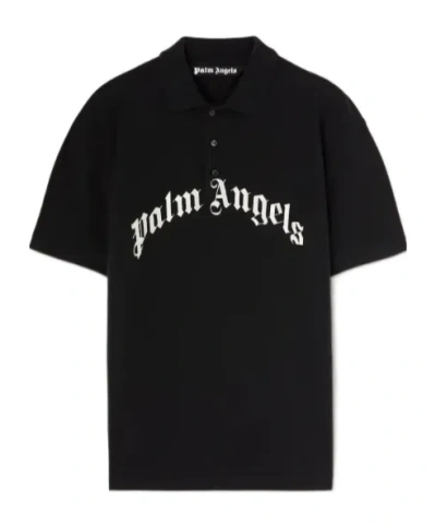 Palm Angels Curved Logo Embroidered Polo Shirt In Black