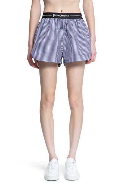 Palm Angels Logo Band Striped Shorts In Blue