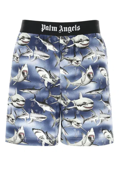 Palm Angels Shark-print Logo-waist Shorts In Grey
