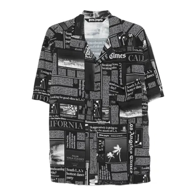 Palm Angels Newspaper Motif Short-sleeved Shirt In Black