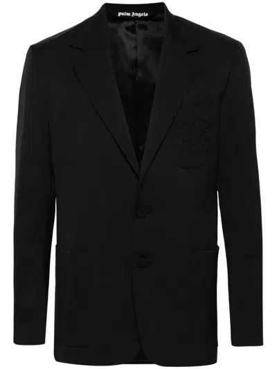 Palm Angels Monogram Pocket Single-breasted Wool Blend Blazer In Gray