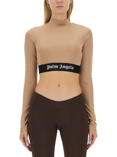 Palm Angels Slim Fit Cropped Logo Top In Brown