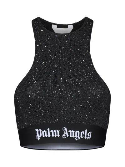 Palm Angels Classic Logo Cropped Lurex Top In Black