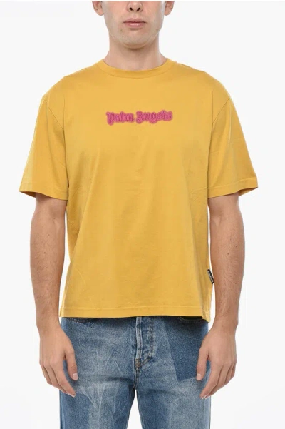 Palm Angels Solid Color Crew-neck T-shirt With Embroidered Logo In Multi
