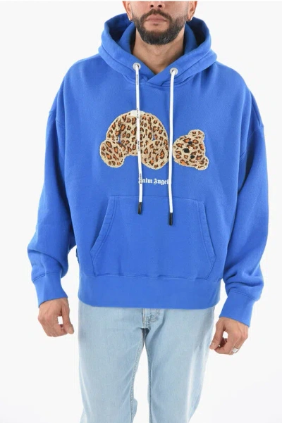 Palm Angels Solid Color Leopard Bear Hoodie In Blue