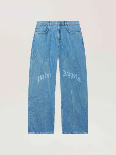 Palm Angels Splitted Curved Logo Loose 5 Pockets In Light Blue - Light Blue
