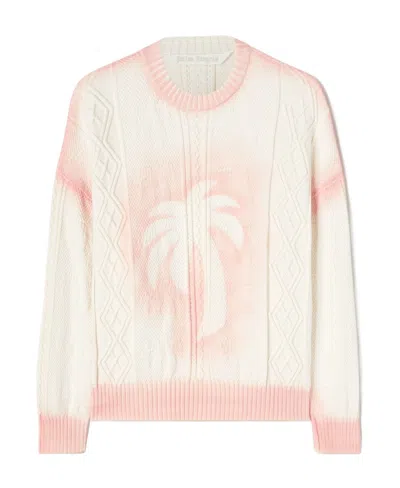 Palm Angels Sprayed Palm Cable-knit Jumper In White