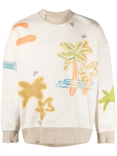 Palm Angels Sprayed Palm-print Cotton Sweatshirt In Neutrals