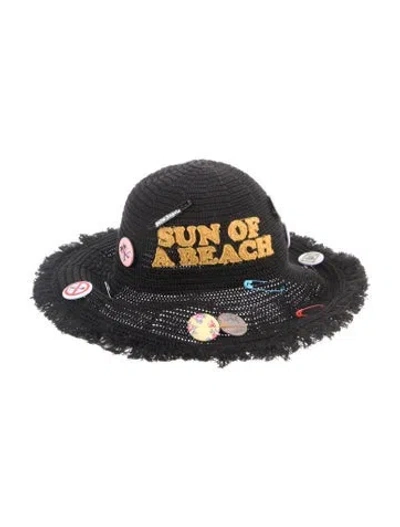 Pre-owned Palm Angels Straw Embroidered Beach Hat In Black