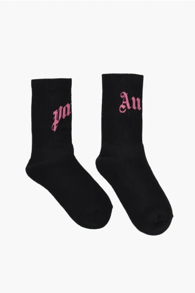 Palm Angels Stretch Cotton Socks With Contrast Logo In Black