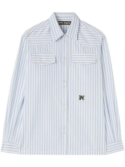 Palm Angels Striped Cotton Shirt For Men In Blue