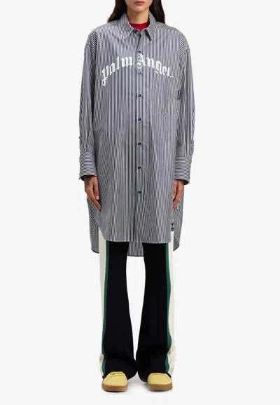 Palm Angels Striped Logo Print Midi Shirt Dress In Navy Blue - Off White