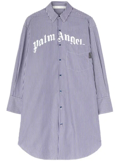 Palm Angels Striped Logo Print Midi Shirt Dress In Navy Blue - Off White