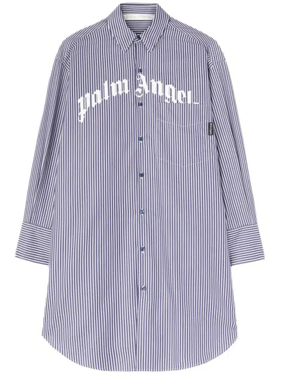 Palm Angels Striped Logo Print Midi Shirt Dress In Navy Blue - Off White