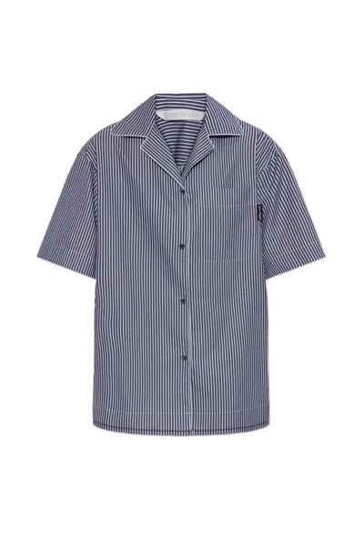 Palm Angels Navy Curved Logo Striped Shirt In Navy Blue