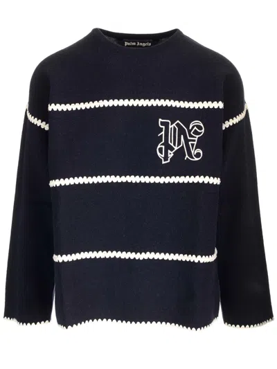 PALM ANGELS STRIPED SWEATER WITH MONOGRAM
