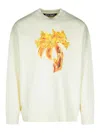 Palm Angels White Crewneck Sweatshirt With Burning Logo Print In Cotton Man In Cream