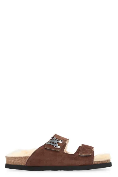 Palm Angels Suede Sandals With Velcro Fastening In Brown
