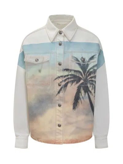 Palm Angels Sunrise Palm Denim Overshirt Off White - In Beige
