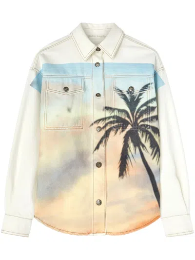 Palm Angels Sunrise Palm Denim Overshirt Off White - In Beige